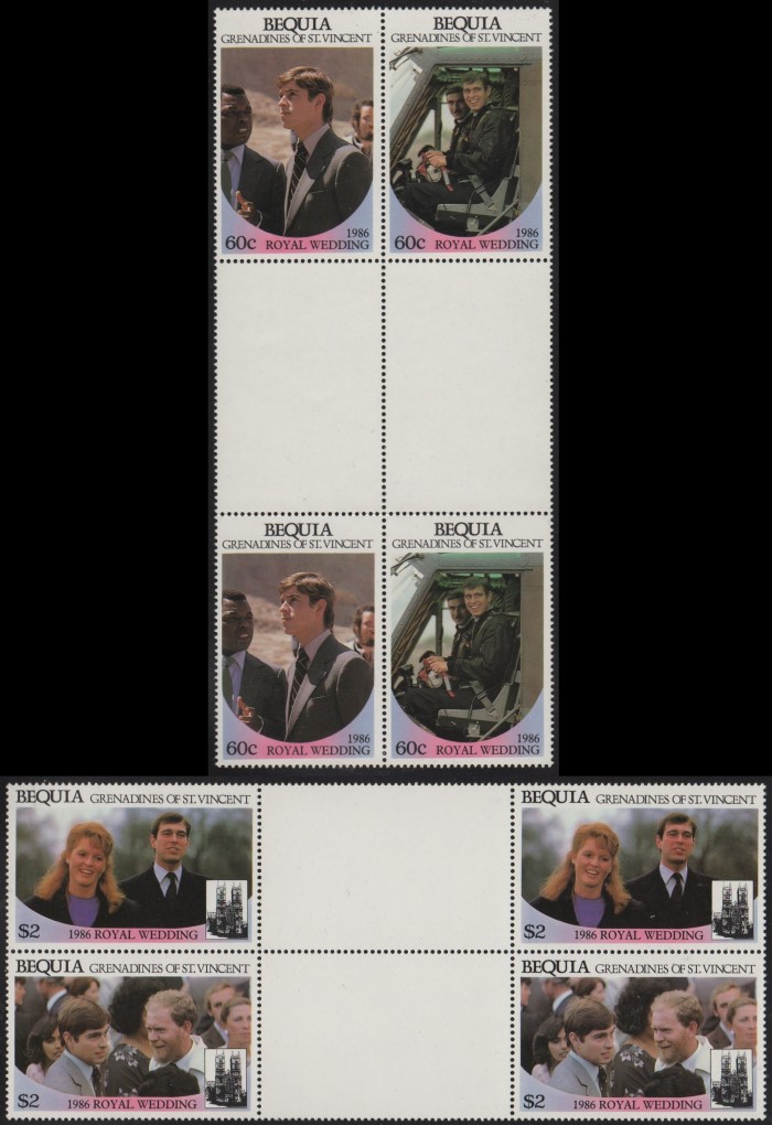 Bequia 1986 Royal Wedding Perforated Gutter Blocks From Uncut Press Sheet of 80 Stamps