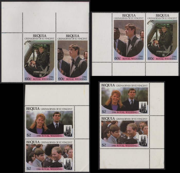 Bequia 1986 Royal Wedding Perforated Large Selvage Corner Pairs From Uncut Press Sheets of 80 Stamps