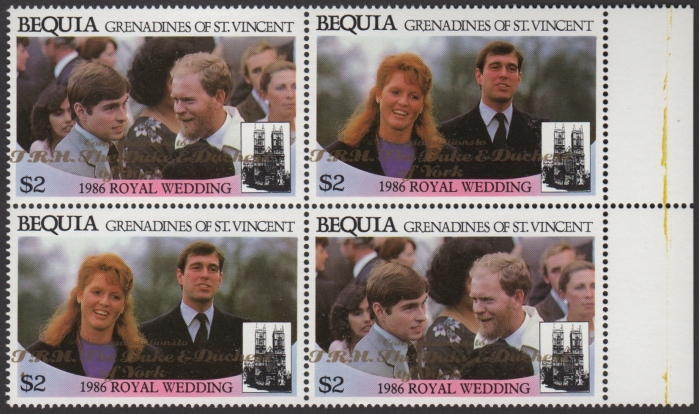 Bequia 1986 Royal Wedding $2 2nd Issue Perforated with Gold Overprint