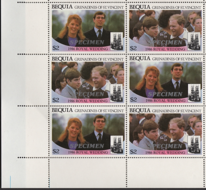 Bequia 1986 Royal Wedding $2 Perforated Large SPECIMEN Overprinted Stamps