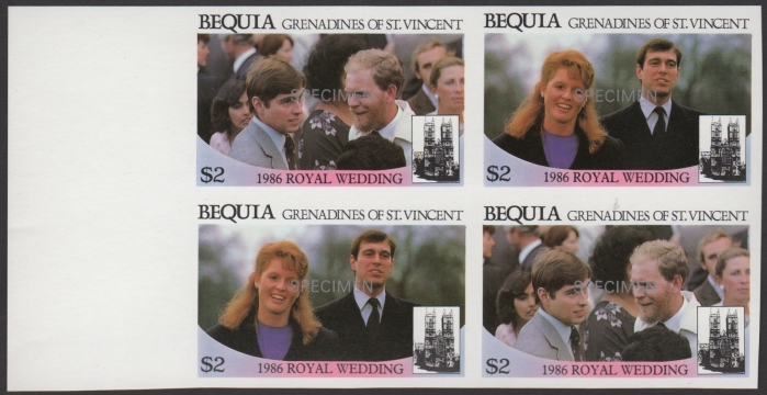 Bequia 1986 Royal Wedding $2 SPECIMEN Overprinted Imperforate Proofs