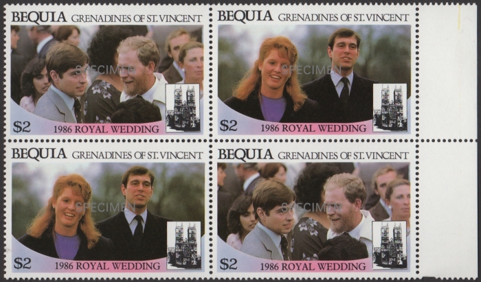 Bequia 1986 Royal Wedding $2 Perforated Small SPECIMEN Overprinted Stamps