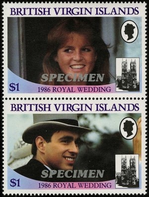 British Virgin Islands 1986 Royal Wedding $1 Perforated Large SPECIMEN Overprinted Stamps