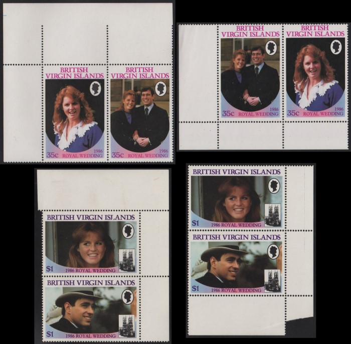 British Virgin Islands 1986 Royal Wedding Perforated Large Selvage Pairs From Uncut Press Sheets of 80 Stamps
