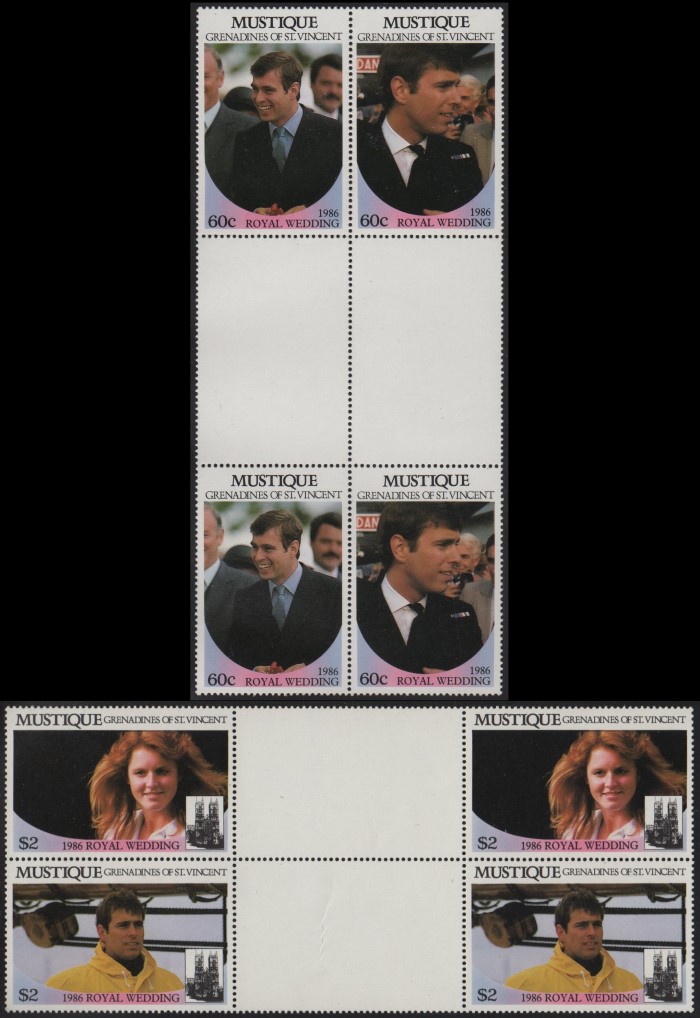 Mustique 1986 Royal Wedding Perforated Gutter Blocks From Uncut Press Sheet of 80 Stamps