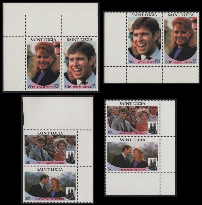 Saint Lucia 1986 Royal Wedding Perforated Large Selvage Pairs From Uncut Press Sheets of 80 Stamps