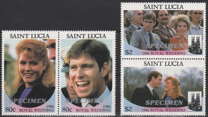 Saint Lucia 1986 Royal Wedding Perforated Large Italic SPECIMEN Overprinted Stamps
