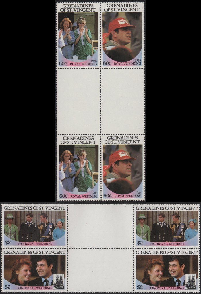 Saint Vincent Grenadines 1986 Royal Wedding Perforated Gutter Blocks From Uncut Press Sheet of 80 Stamps
