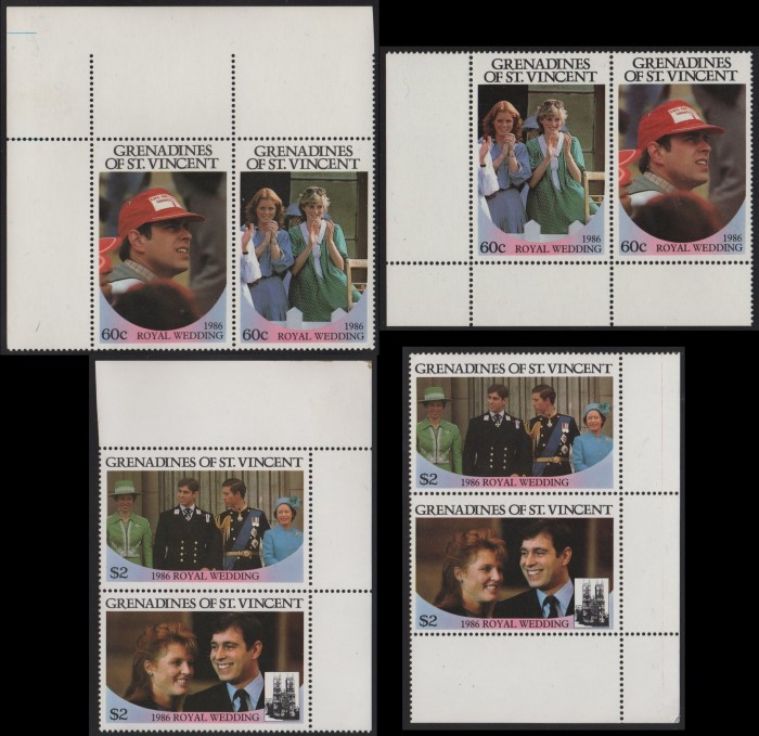 Saint Vincent Grenadines 1986 Royal Wedding Perforated Large Selvage Corner Pairs From Uncut Press Sheets of 80 Stamps