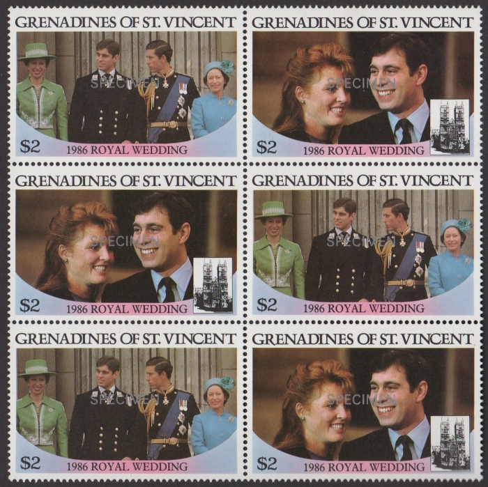 Saint Vincent Grenadines 1986 Royal Wedding $2 Perforated Small SPECIMEN Overprinted Stamps