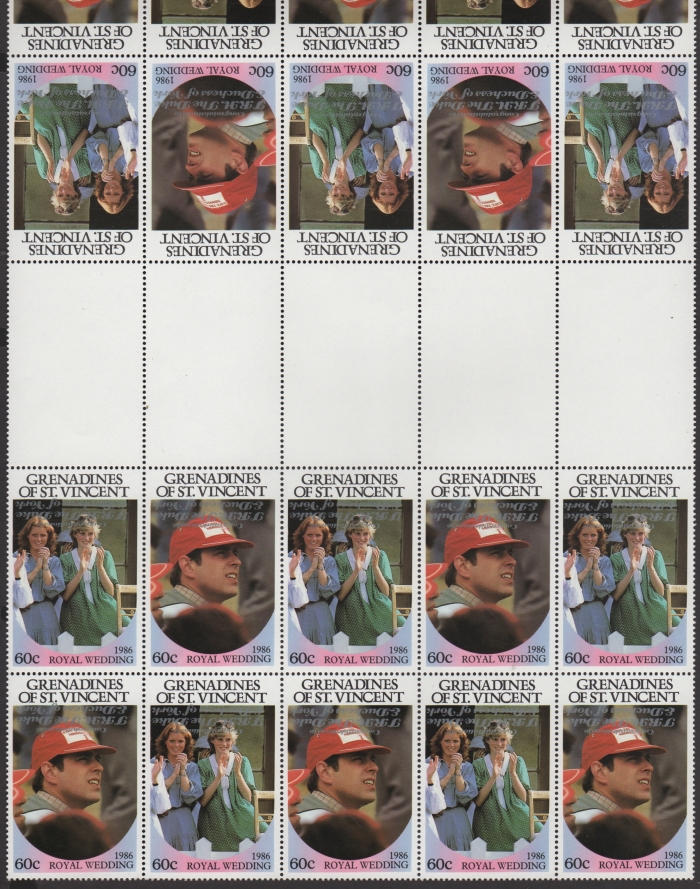 Saint Vincent Grenadines 1986 Royal Wedding 60c 2nd Issue Perforated Large Gutter Block with Silver Overprint Inverted