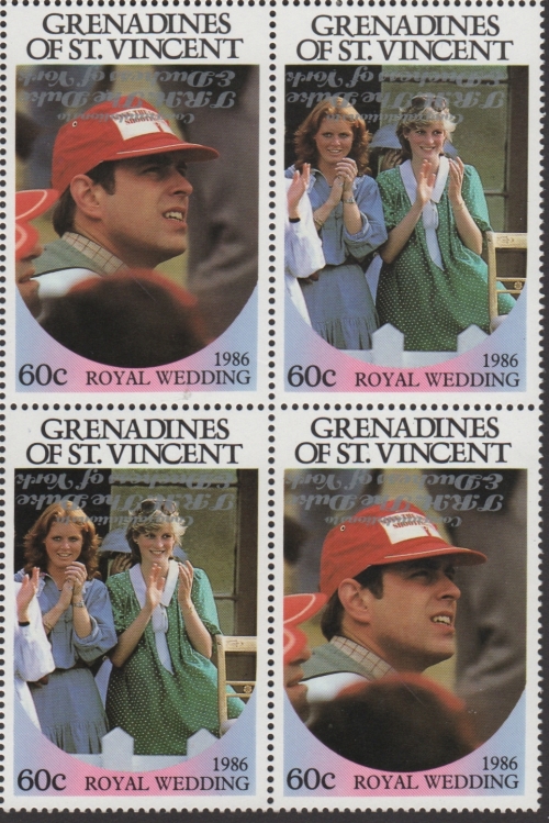 Saint Vincent Grenadines 1986 Royal Wedding 60c 2nd Issue Perforated Block with Silver Overprint Inverted