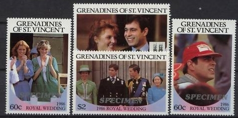 Saint Vincent Grenadines 1986 Royal Wedding Perforated Large SPECIMEN Overprinted Stamps