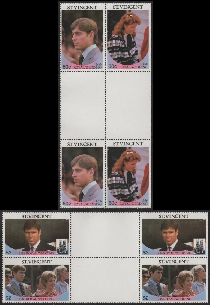 Saint Vincent 1986 Royal Wedding Perforated Gutter Pairs From Uncut Press Sheet of 80 Stamps