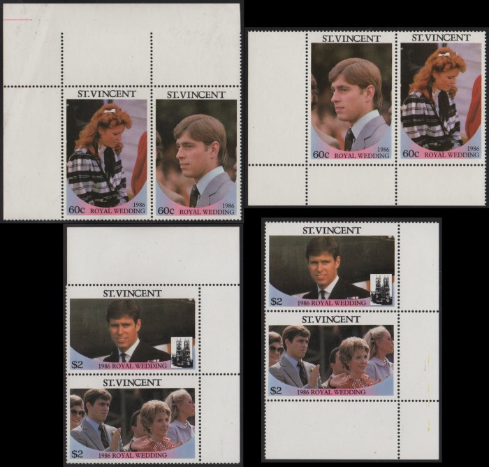 Saint Vincent 1986 Royal Wedding Perforated Large Selvage Pairs From Uncut Press Sheets of 80 Stamps