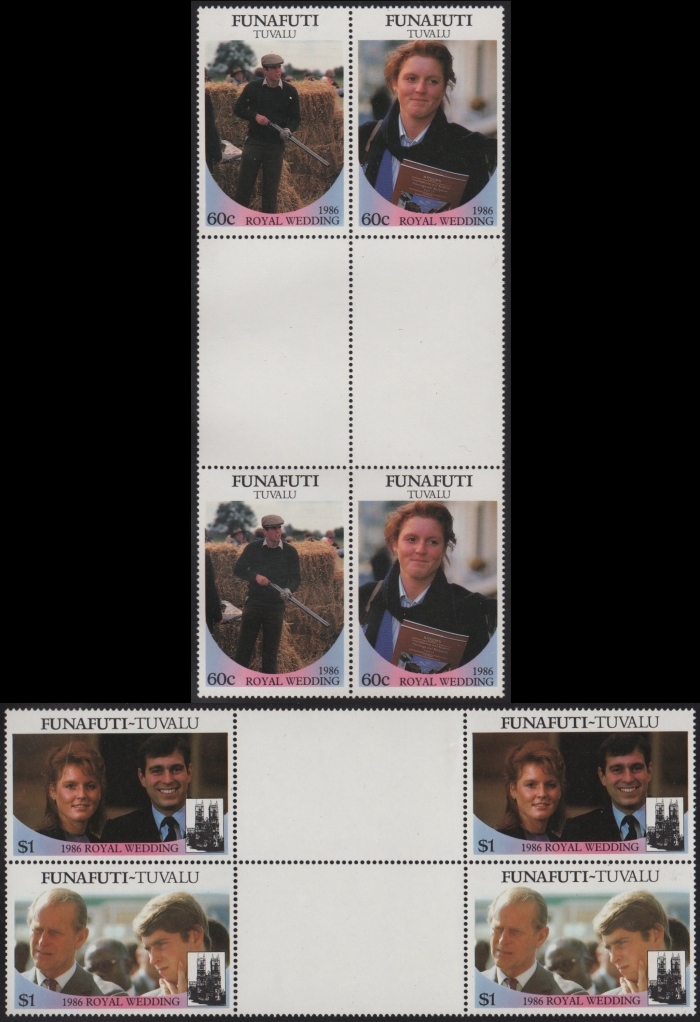 Funafuti 1986 Royal Wedding Perforated Gutter Blocks From Uncut Press Sheet of 80 Stamps