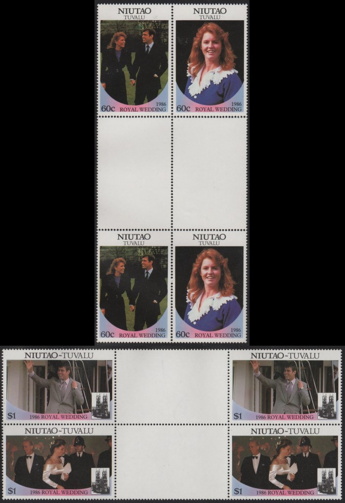 Niutao 1986 Royal Wedding Perforated Gutter Blocks From Uncut Press Sheet of 80 Stamps
