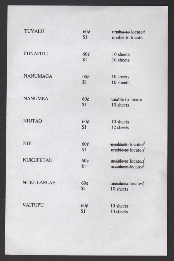 Bileski list of sheets found for the 1986 Royal Wedding issues for Tuvalu and the Islands