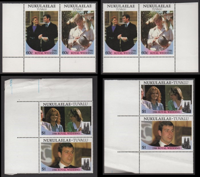 Nukulaelae 1986 Royal Wedding Perforated Large Selvage Corner Pairs From Uncut Press Sheets of 80 Stamps