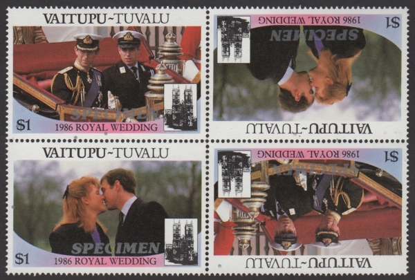 Vaitupu 1986 Royal Wedding $1 Perforated Large SPECIMEN Overprinted Stamps