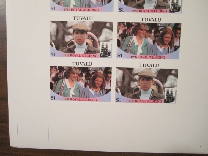 Tuvalu 1986 Royal Wedding $1 SPECIMEN Overprinted Imperforate Proofs