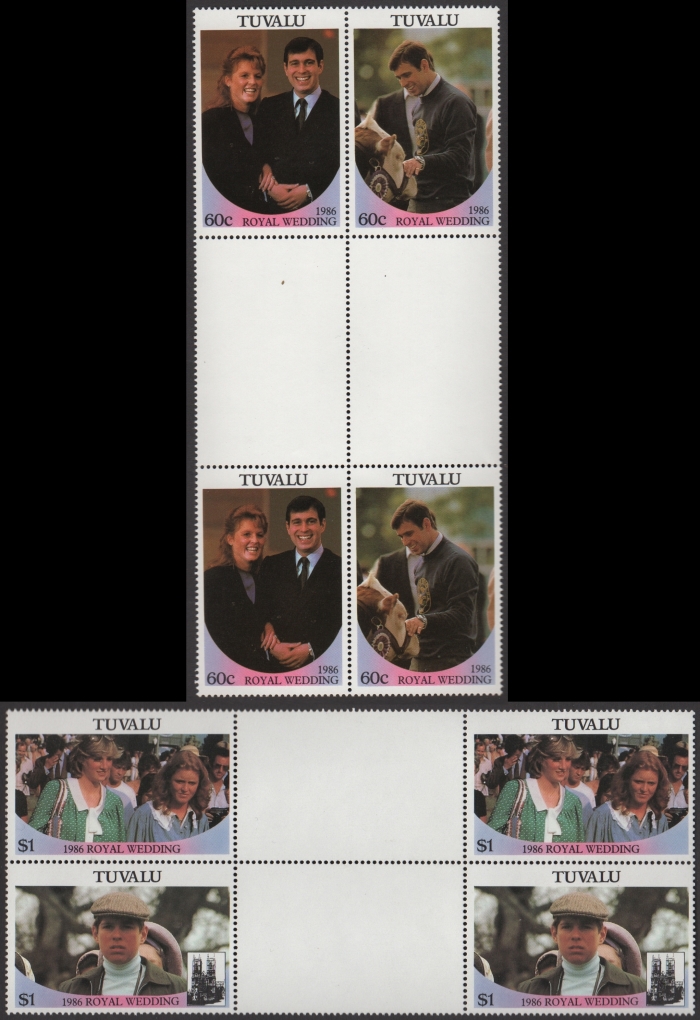 Tuvalu 1986 Royal Wedding Perforated Gutter Blocks From Uncut Press Sheet of 80 Stamps