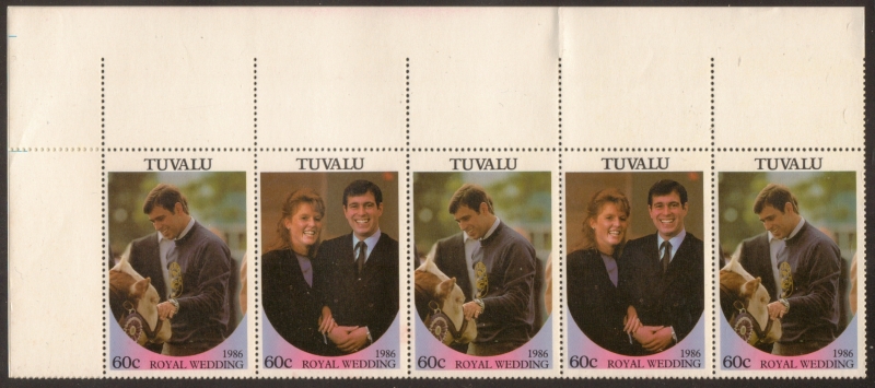 Tuvalu 1986 Royal Wedding Perforated Large Selvage Corner Strip From Uncut Press Sheet of 80 Stamps