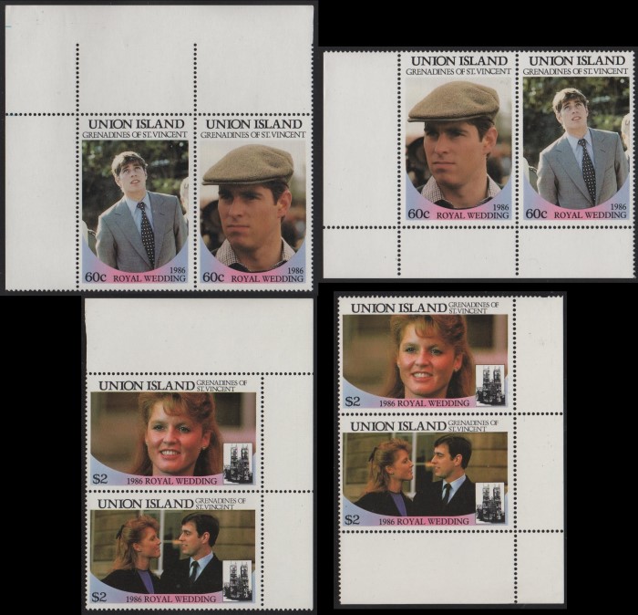 Union Island 1986 Royal Wedding Perforated Large Selvage Pairs From Uncut Press Sheets of 80 Stamps