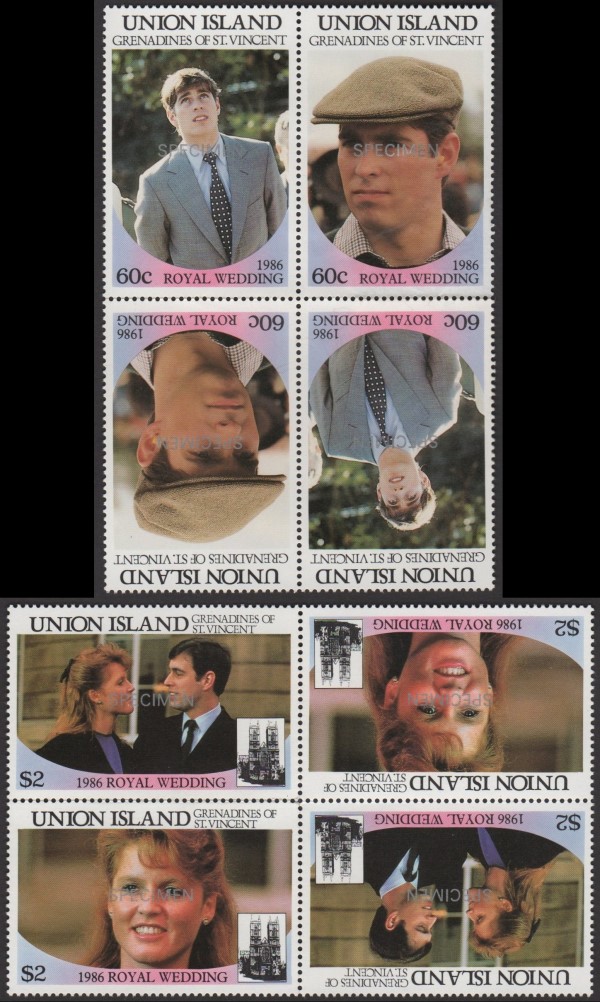 Union Island 1986 Royal Wedding Perforated Small SPECIMEN Overprinted Stamps