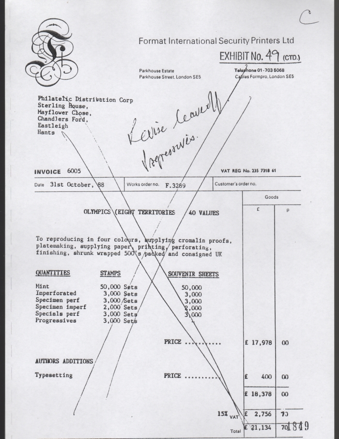 Original Invoice for Unissued 1988 Seoul Olympic Games Stamps