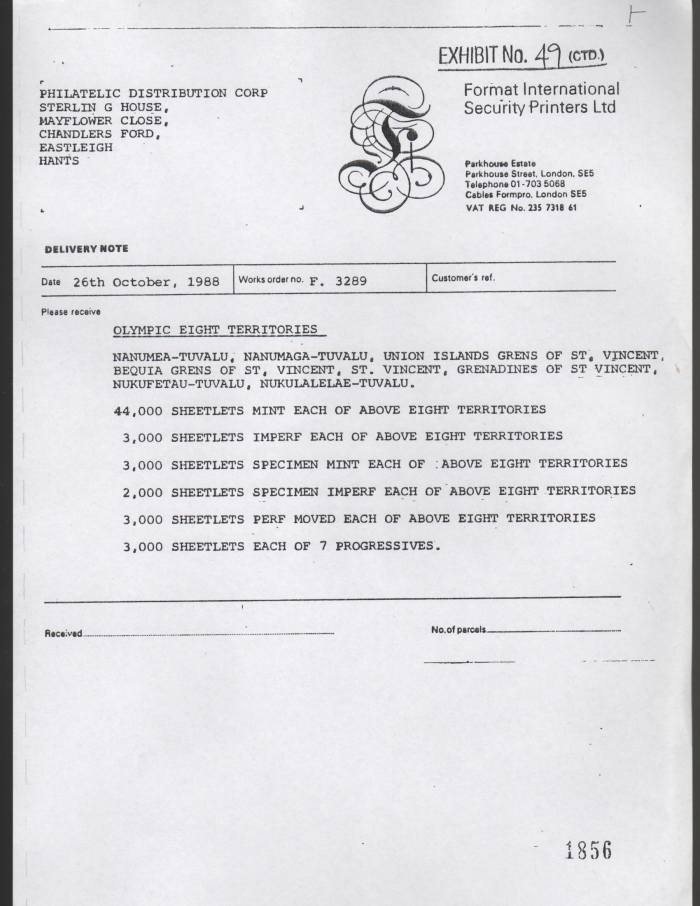 Final Invoice for Unissued 1988 Seoul Olympic Games Sheetlets