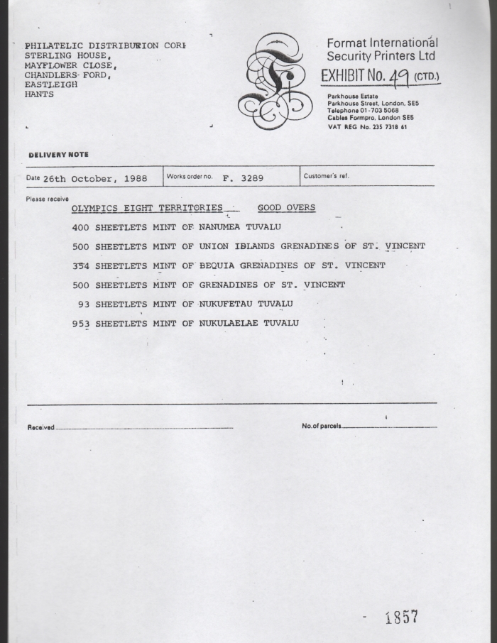Final Invoice for Unissued 1988 Seoul Olympic Games Sheetlets GOOD OVERS