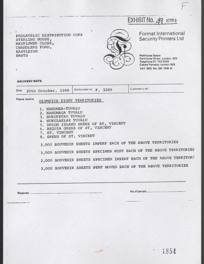 Final Invoice for Unissued 1988 Seoul Olympic Games Souvenir Sheet Varieties