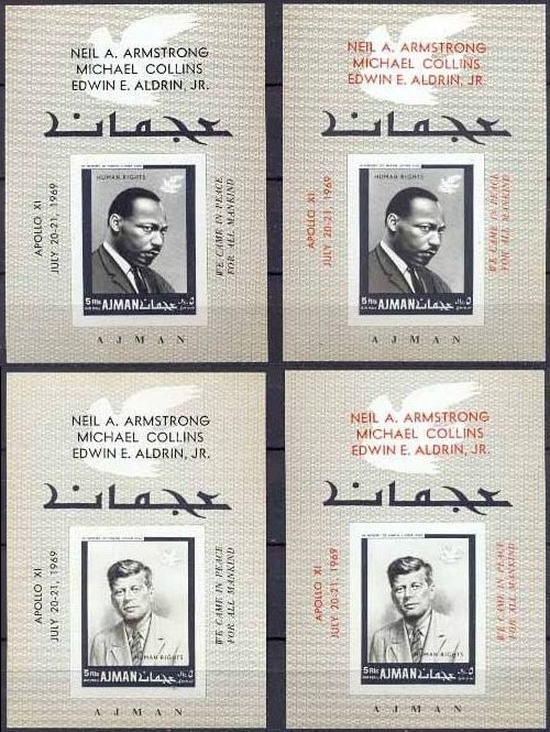 Ajman 1968 Human Rights Martin Luther King Memorial Block 45 and 46 Overprinted Apollo Deluxe Sheetlets