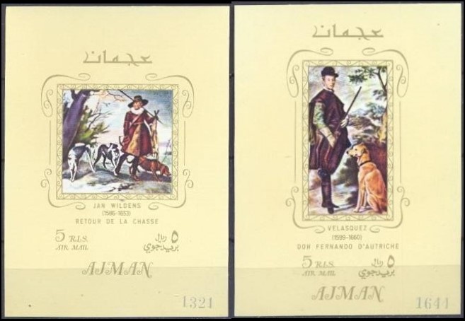 Ajman 1968 Paintings with Dogs Block 39 and 40 Deluxe Sheetlets