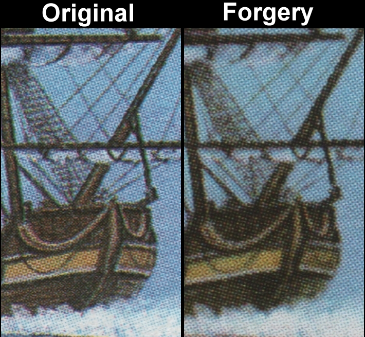 Antigua and Barbuda 1984 Man of War Ships Fake with Original Screen and Color Comparison of Ship Stamp