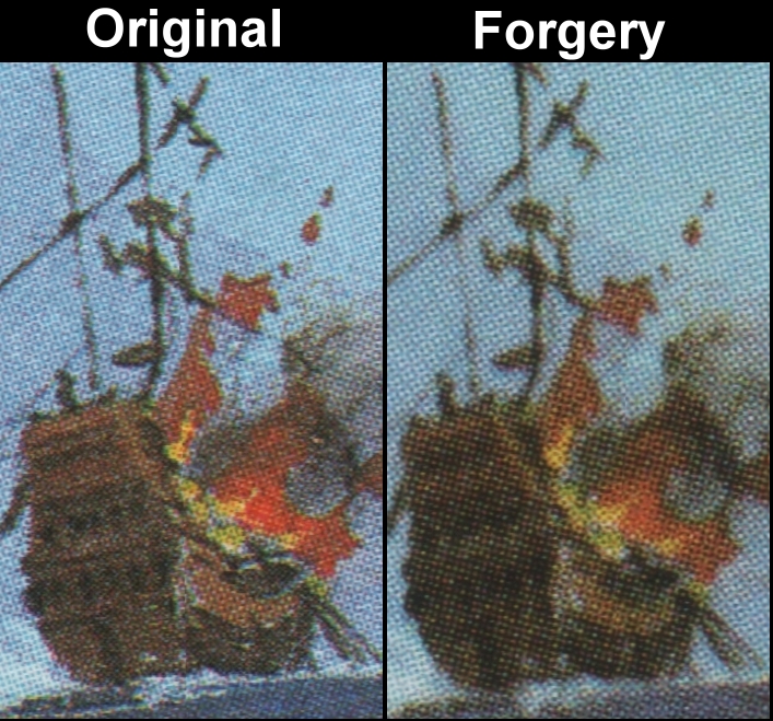 Antigua and Barbuda 1984 Man of War Ships Fake with Original Screen and Color Comparison of Ship on Fire