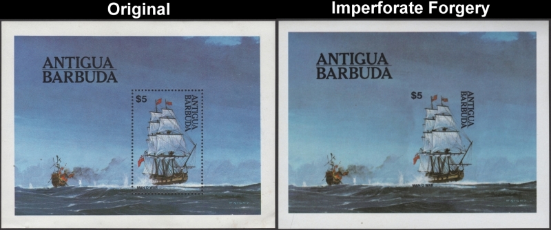 Antigua and Barbuda 1984 Man of War Ships Fake with Original Souvenir Sheet Comparison