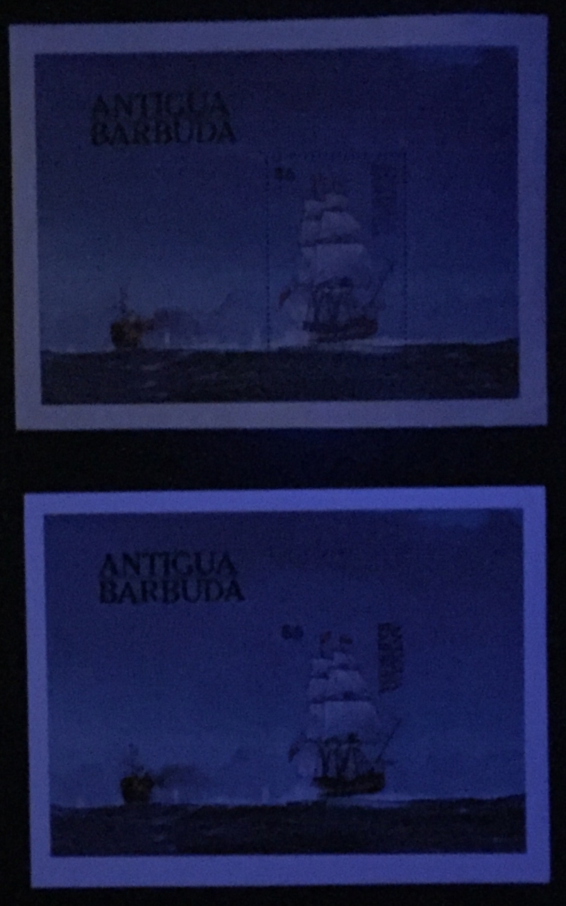 Antigua and Barbuda 1984 Man of War Ships Comparison of Souvenir Sheet Forgery with Genuine Souvenir Sheet Under Ultra-violet Light