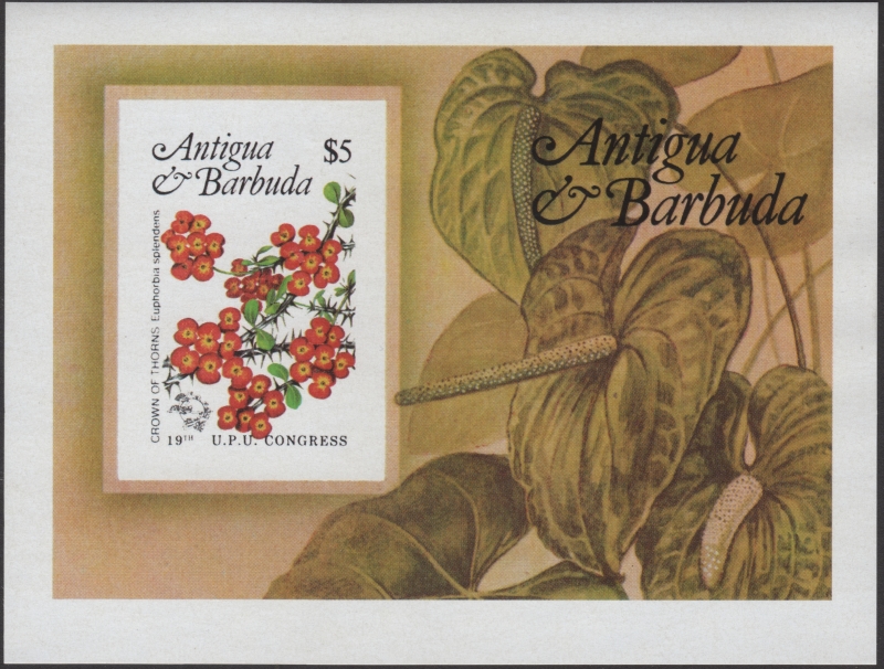 Antigua and Barbuda 1984 U.P.U. Congress Flowers Imperforate Stamp Souvenir Sheet Forgery