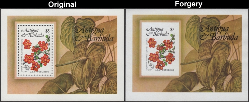 Antigua and Barbuda 1984 U.P.U. Congress Flowers Fake with Original Souvenir Sheet Comparison