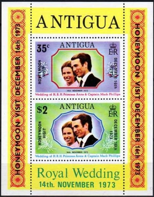 1973 Honeymoon Visit of Princess Anne and Captain Phillips to Antigua Souvenir Sheet