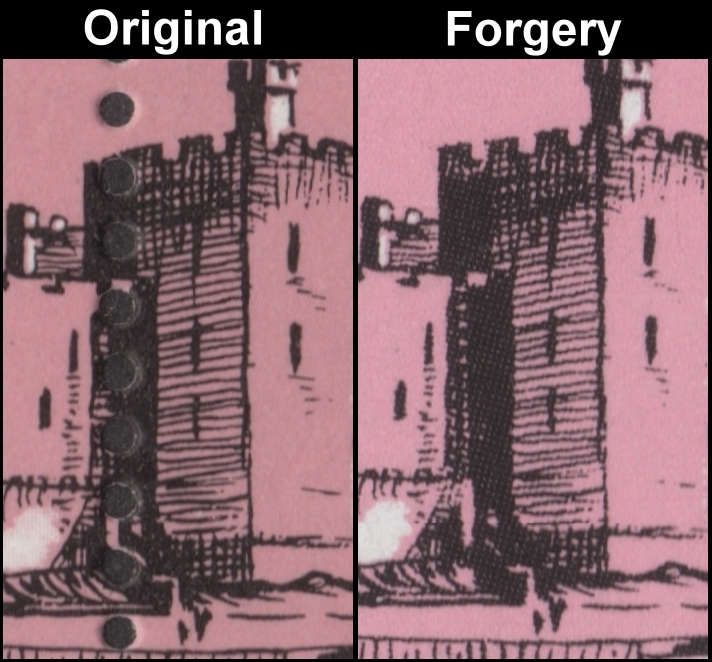Barbuda 1981 Royal Wedding Fake with Original Screen and Color Comparison of the Caernarvon Castle Stamp