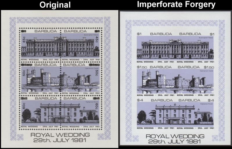 Barbuda 1981 Royal Wedding Fake with Original Lavender Miniature Sheet Comparison