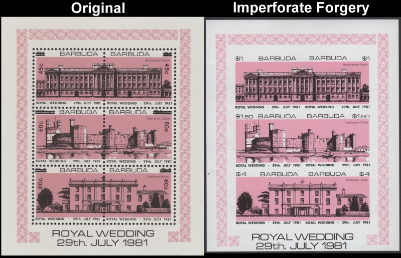 Barbuda 1981 Royal Wedding Fake with Original Rose-pink Miniature Sheet Comparison