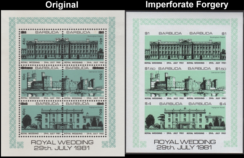 Barbuda 1981 Royal Wedding Fake with Original Turquoise-green Miniature Sheet Comparison