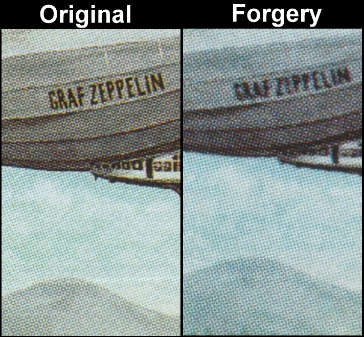 Barbuda 1983 Graffic Zeppelin Fake with Original Screen and Color Comparison of Zeppelin Stamp