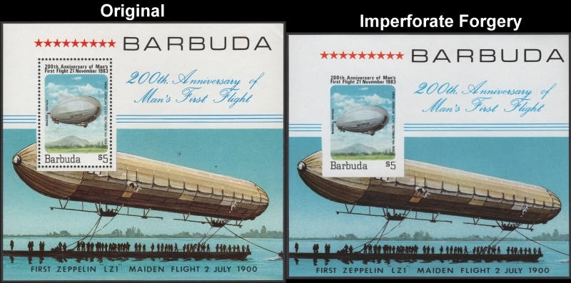 Barbuda 1983 Graffic Zeppelin Fake with Original Souvenir Sheet Comparison