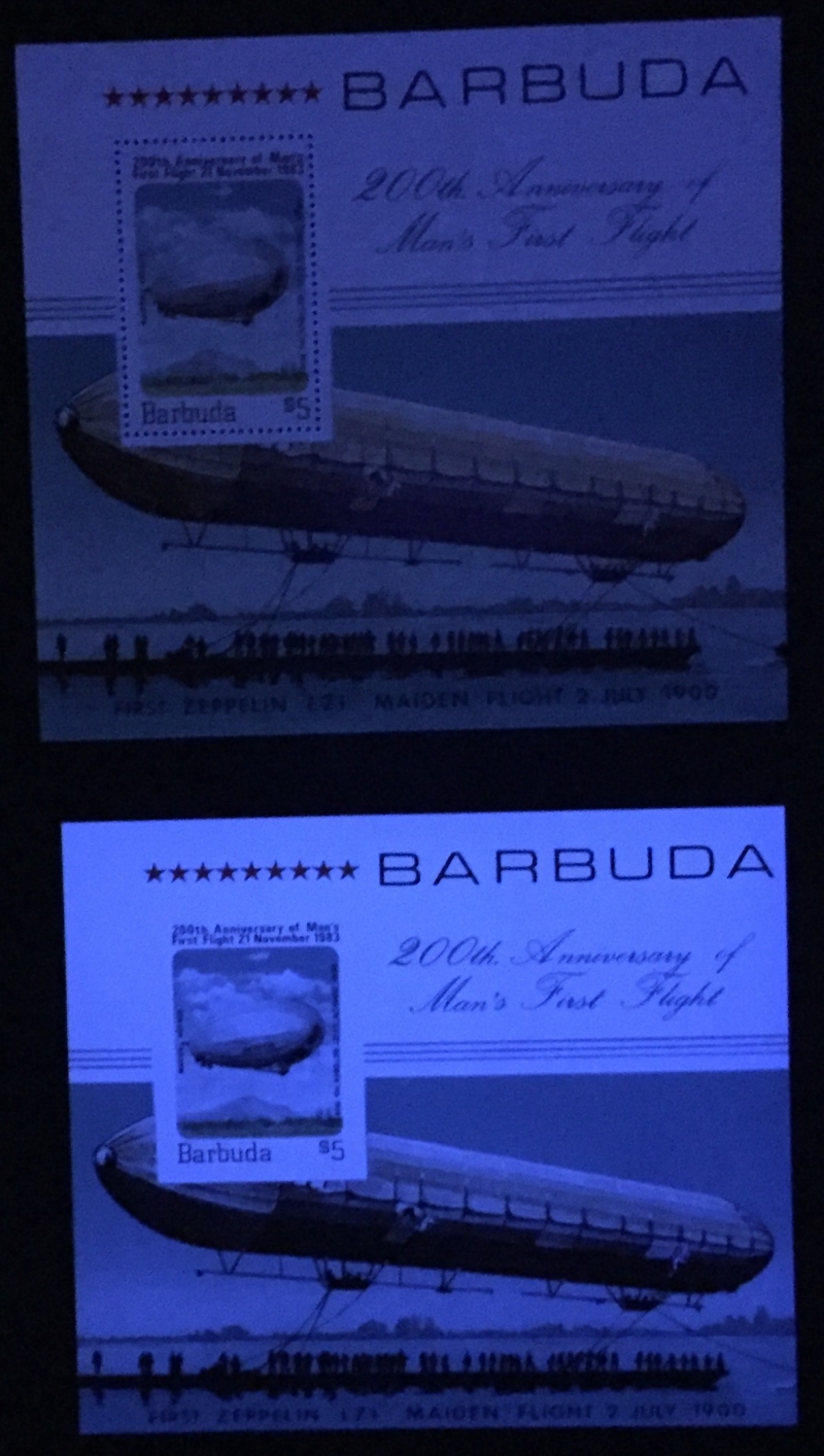 Barbuda 1983 Manned Flight Graffic Zeppelin Comparison of Souvenir Sheet Forgery with Genuine Souvenir Sheet Under Ultra-violet Light