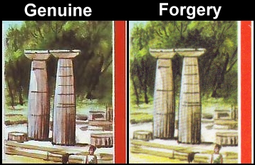 Barbuda 1984 Olympic Games Forgery with Genuine Color Comparison of Pillars